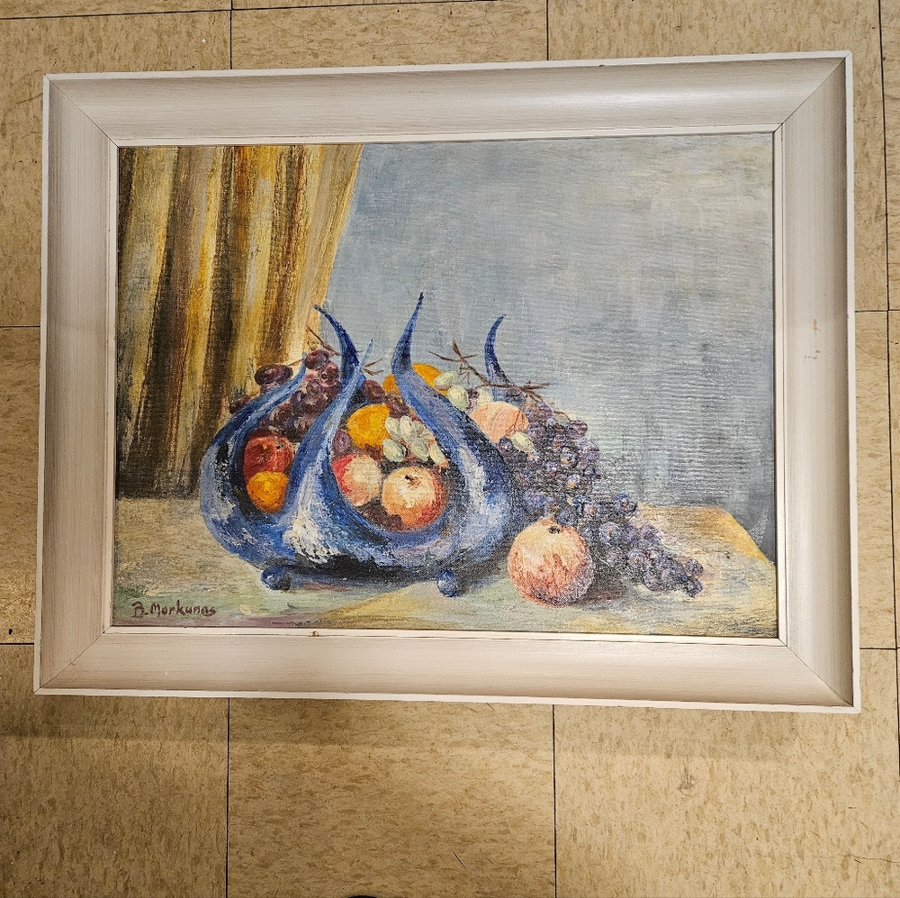 Blue Ceramic Fruit Bowl Still Life Oil  Painting MCM
